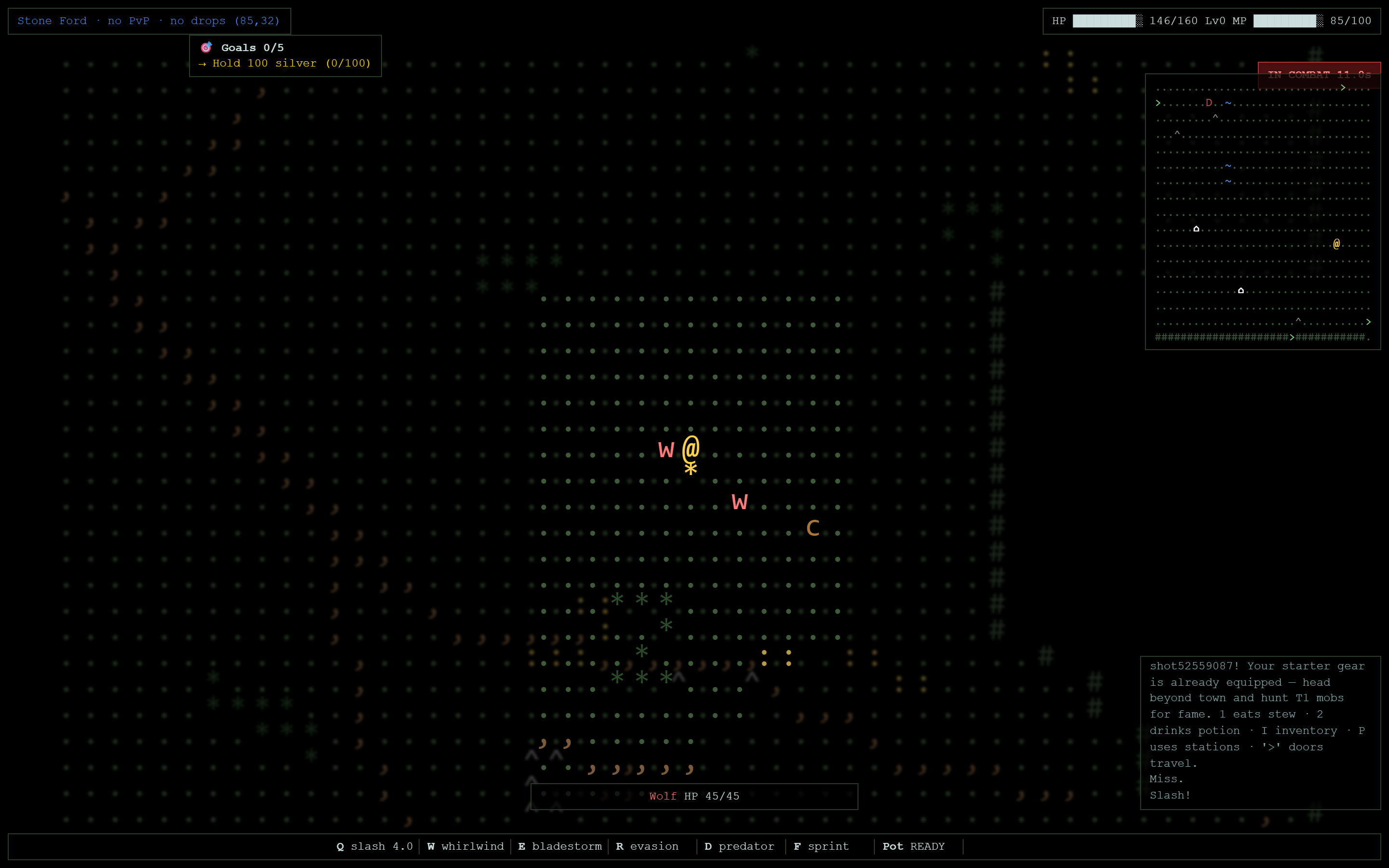 A wolf fight outside Stone Ford with the in-combat indicator and enemy HP telegraph