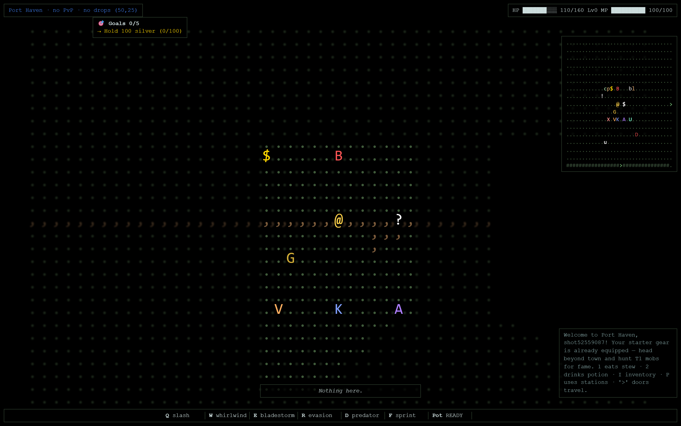 A player standing in Port Haven with the HUD, goals tracker and minimap visible