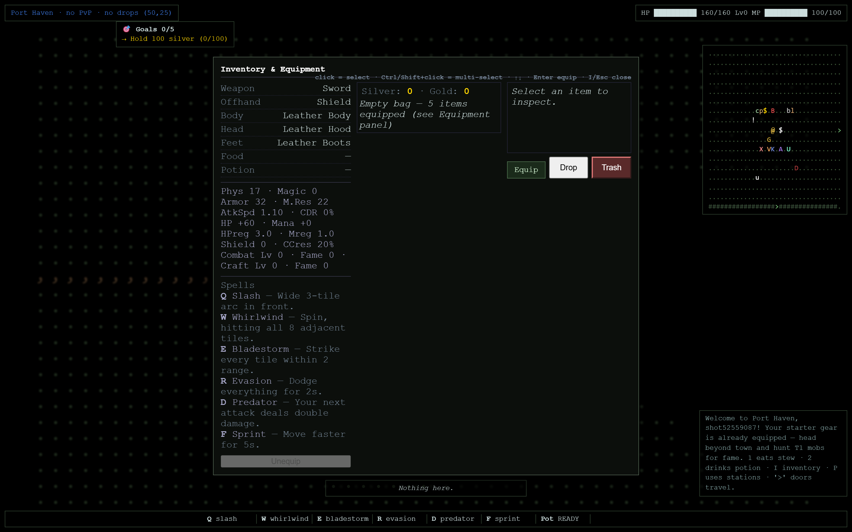 Inventory and equipment screen with stats, item quality and spell descriptions